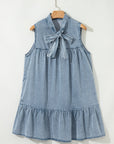 Chambray Bow Neck Sleeveless Ruffle Dress