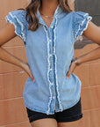 Ashlyn Ruffled Flutter Frayed Denim Top
