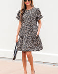 Zaylee Denim Leopard Short Puff Sleeve Mini Dress