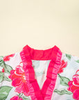 Floral Contrast Frilled V-Neck Blouse