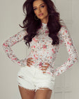 Floral Mesh Long Sleeve Mock Neck Top