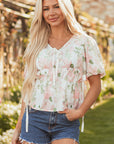Alaiya Floral Puff Sleeve V Neck Tied Front Peplum Blouse