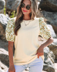 Rayne Floral Bubble Sleeve Patchwork Ribbed Top