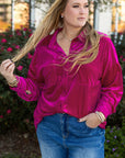 Plus Size Velvet Button-Up Pocketed Drop Shoulder Shirt