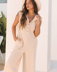 Textured Buttoned Wide Leg Sleeveless Jumpsuit