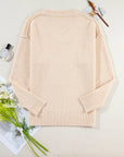 Solid Eyelet V-Neck Drop Shoulder Sweater