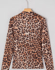 Leopard Mesh Mock Neck Long Sleeve Top