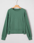 Solid Ribbed Raw Seam Patchwork Drop Shoulder Sweatshirt