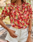 Floral Pleated Wrap V-Neck Blouse