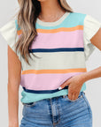 Yasmin Striped Flutter Sleeve Patchwork Top