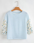 Stripe Floral 3/4 Puff Sleeve Top