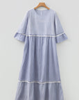 Stripe Patchwork Lace Trim 3/4 Sleeve Maxi Dress