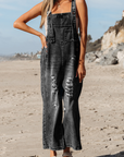 Solid Denim Distressed Bib Pocket Wide Leg Overall