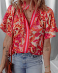 Abstract Stripe Trim Split Neck Blouse