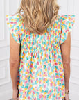 Abstract Shirred Ruffle Sleeve Blouse