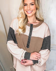 Colorblock Waffle Knit Patchwork Henley Top