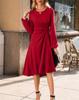 Solid Ruched Long Sleeve Midi Dress