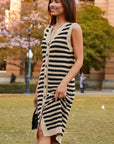 Stripe Button-Front Sleeveless Pencil Sweater Midi Dress