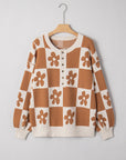 Flower Checker Henley Baggy Sweater