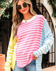 Esther Striped Patchwork Dolman Sleeve Slit Sweater
