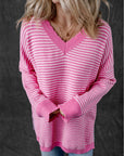 Alana Striped Scallop V Neck Loose Sweater