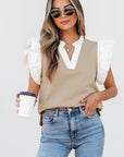 Serena Contrast V Neck Ruffled Textured Knit Top