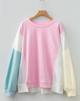 Pink Colorblock Patchwork Drop Shoulder Plus Size Sweatshirt