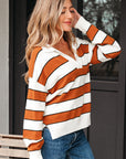 Valeria Stripe Ribbed Polo Collar Drop Shoulder Sweater