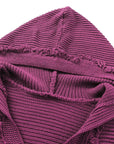Solid Ribbed Drop Shoulder Hooded V-Neck Sweater