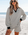 Alivia Stripe Collared Top and Drawstring Shorts Set