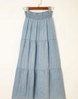 Denim Smocked Tiered Maxi Skirt