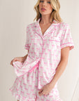 Bowknot Print Shirt and Ruffle Hem Shorts Pajama Set