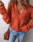 Solid Collared V-Neck Ribbed Edge Sweater