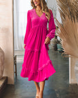 Maya Shirred V Neck Long Sleeve Velvet Dress