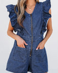 Amora Denim Ruffled Zipped Front Belted Romper