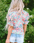 Azaria Floral Print Button Split Neck Puff Sleeve Blouse