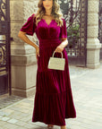 Katherine Velvet Short Sleeve Shirred Waist Tiered Dress