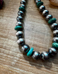 NFR Collection Necklace – 14mm Sterling Silver Pearls with 16mm Green Turquoise Rondelles – 28.5"