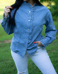 Allyson Ruffled Long Sleeve Buttoned Denim Shirt