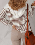 Stripe Textured Long Sleeve Hooded V-Neck Top