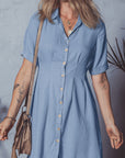Denim Pleated Short Sleeve Shirt Dress