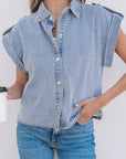 Emelia Denim Pinup Folded Cap Sleeve Shirt
