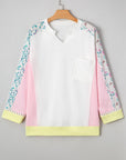 Floral Colorblock Patchwork Chest Pocket Long Sleeve Top