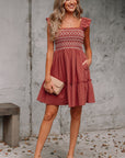 Geometric Embroidered Ruffle Mini Dress