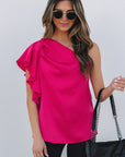 Madelynn Asymmetric Shoulder Ruffle Sleeve Blouse