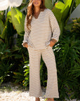 Stripe Collared Top and Drawstring Pants Set