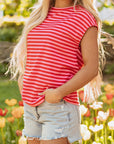 Stripe Ribbed Cap Sleeve T-Shirt