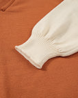 Colorblock Raw Edge Bubble Sleeve V-Neck Sweater