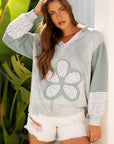 Floral Patchwork Waffle Textured V-Neck Hooded Top