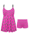 Pink Lightning Bolt Swim Dress & Shorts Set